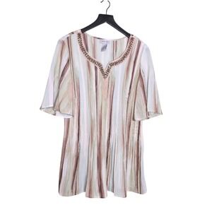 Catherines Blouse Brown Green Stripes Short Flutter Sleeve Crinkle Flowy‎ 14/16W